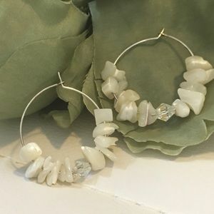 NWOT White Mother of Pearl Crystal Hoop Earrings